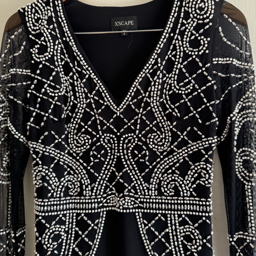 XSCAPE Black Long Sleeve White Silver Bead Embellishment Dress size 8 - Picture 6 of 10